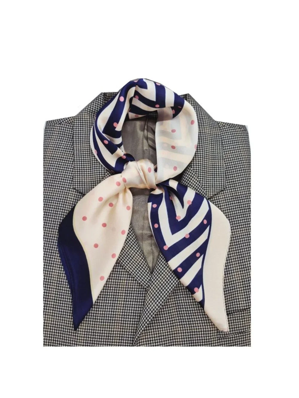 ✨Luxury Elegant Silky Scarf Navy Blue Beige Pink Polka Dot Zigzag Square Wrap
